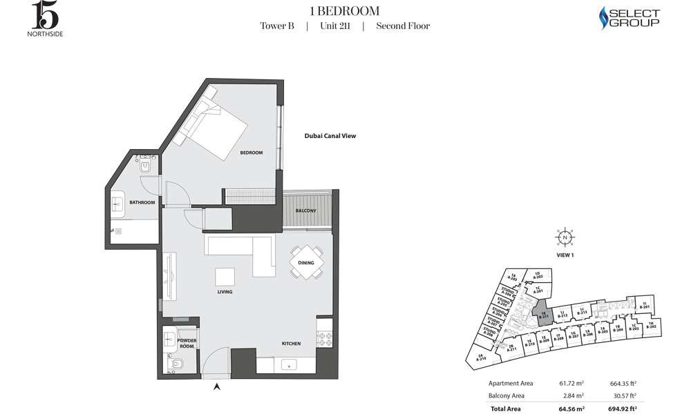 Tower B, 1 Bedroom, Unit 211, Second Floor